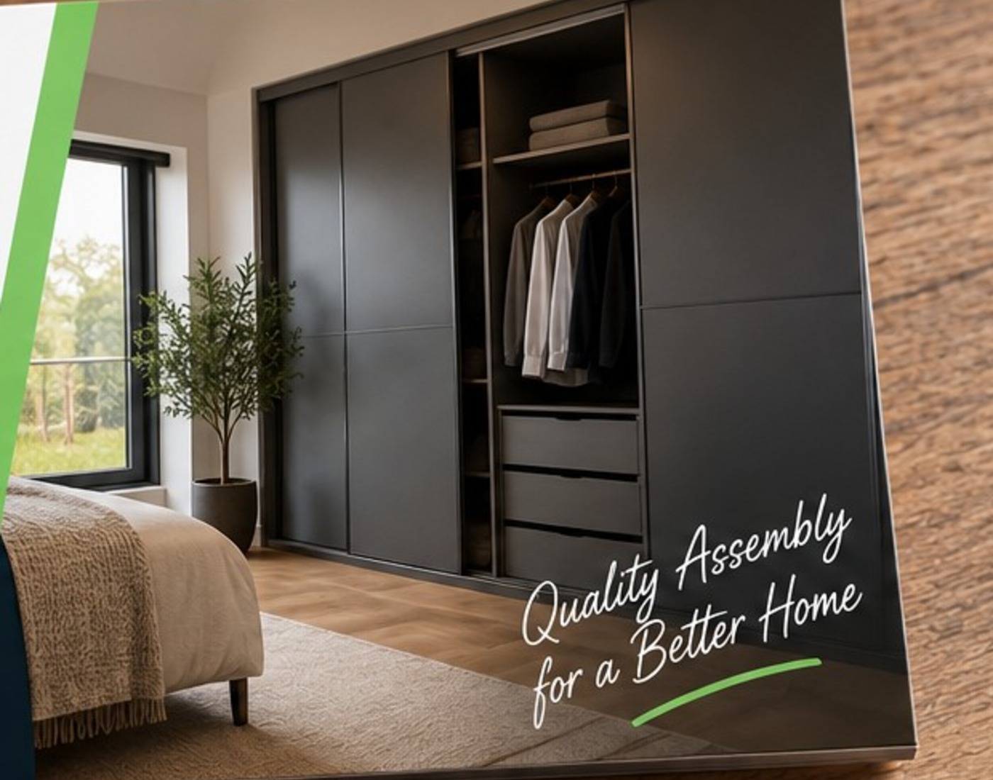 Professionally assembled fitted wardrobe in a modern bedroom